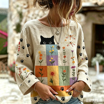 Cardydony Women's Vintage Hippie Cute Cat In Patchwork Art Linen Blend Round Neck Long Sleeve Tshirt