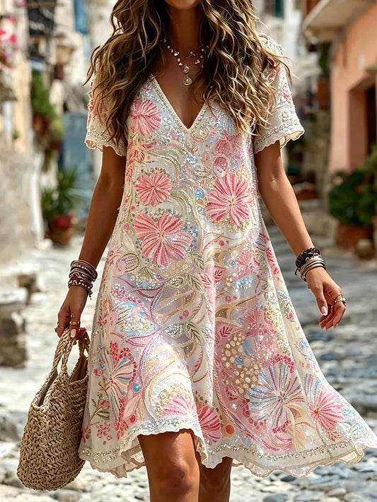 Cardydony Boho Floral Sequin V-neck Midi Dress, Vintage Hippie Lace Trim Summer Sundress For Women, Mediterranean Vacation Flowy Beach Dress