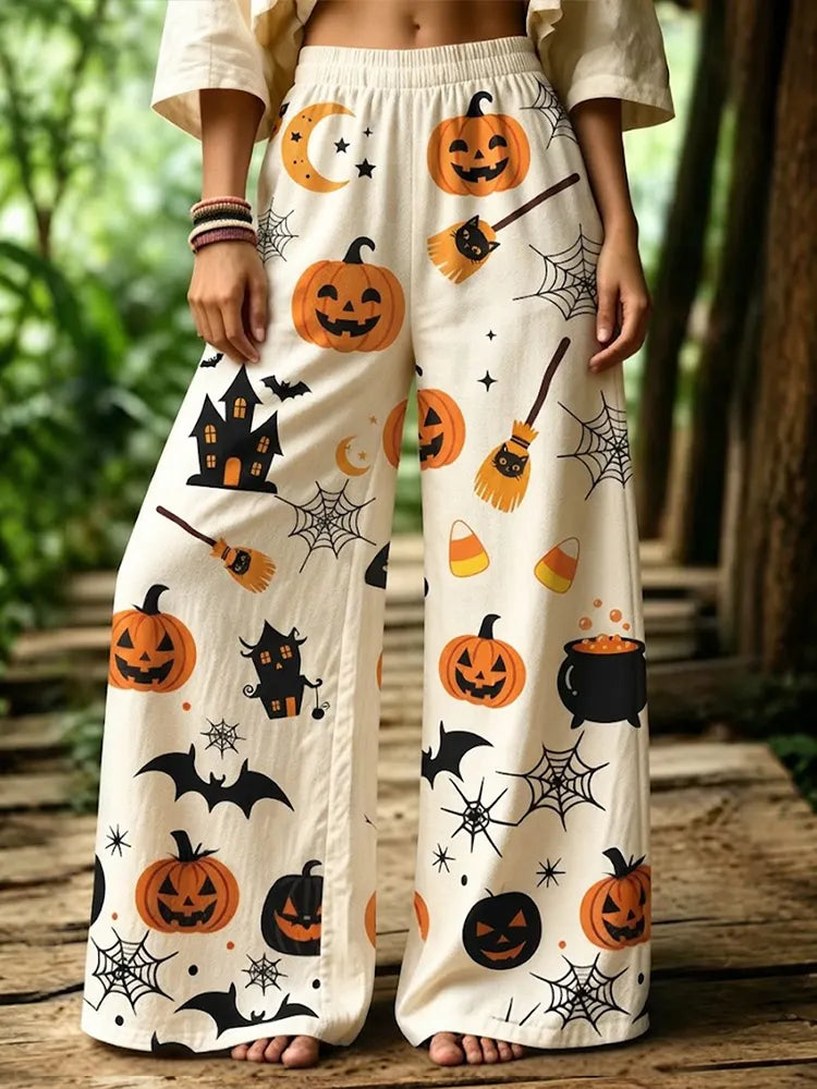 Cardydony Women's Halloween Casual High-waist Wide-leg Pants With Jack-o'-lanterns, Spiders, And Witch Brooms Print