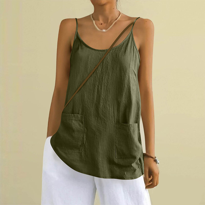 Cardydony Women's Solid Color Sleeveless Linen Blend Pocket Camisole