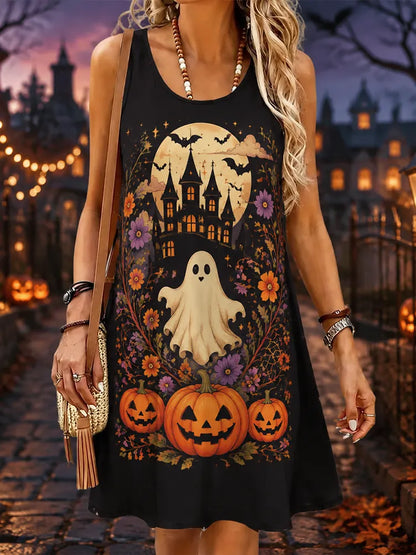 Cardydony Women's Sleeveless Scoop Neck Halloween Tank Dress Featuring Cute Ghost, Jack-o'-lanterns, And Haunted House Night View