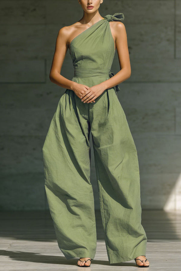 Cardydony Women's Solid Color Sleeveless One-shoulder Fitted Waist Casual Pocket Loose Wide-leg Jumpsuit