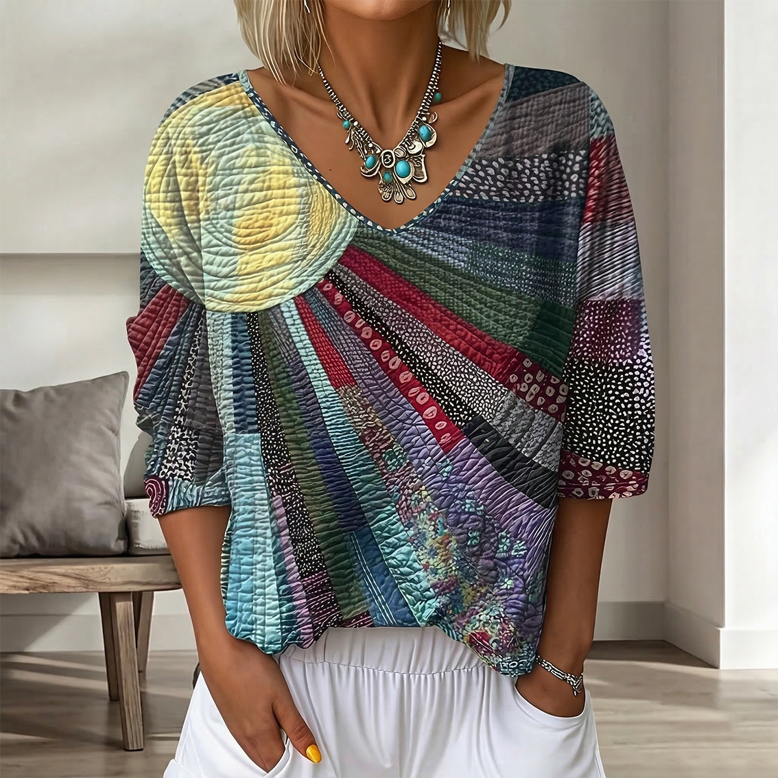 Cardydony Women's Vintage Floral In Gradient Art Print Flowy Linen Blend Three-quarter Sleeve V Neck Linen Tops