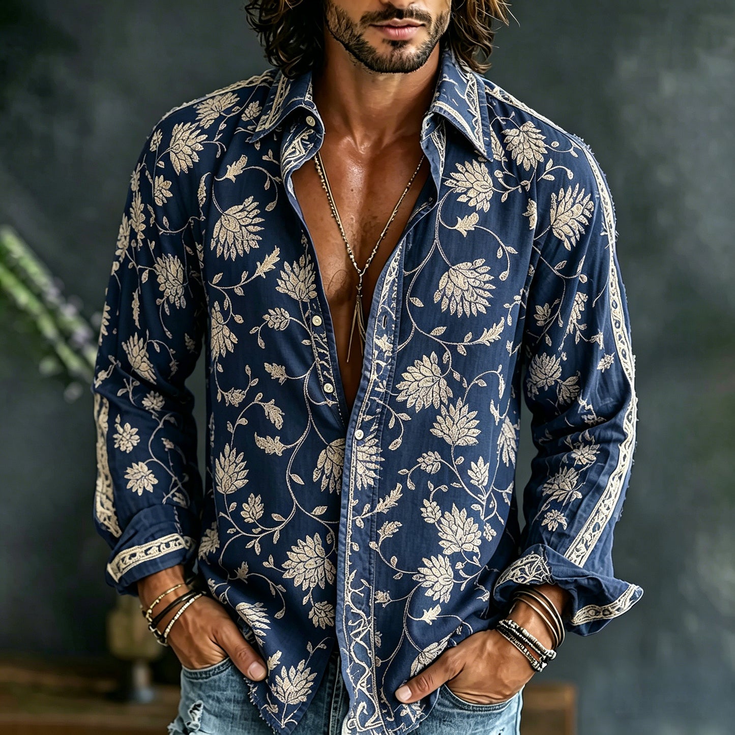 Cardydony Men's Vintage Floral Embroidered Art Print Flowy Linen Blend Casual Shirt