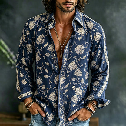 Cardydony Men's Vintage Floral Embroidered Art Print Flowy Linen Blend Casual Shirt