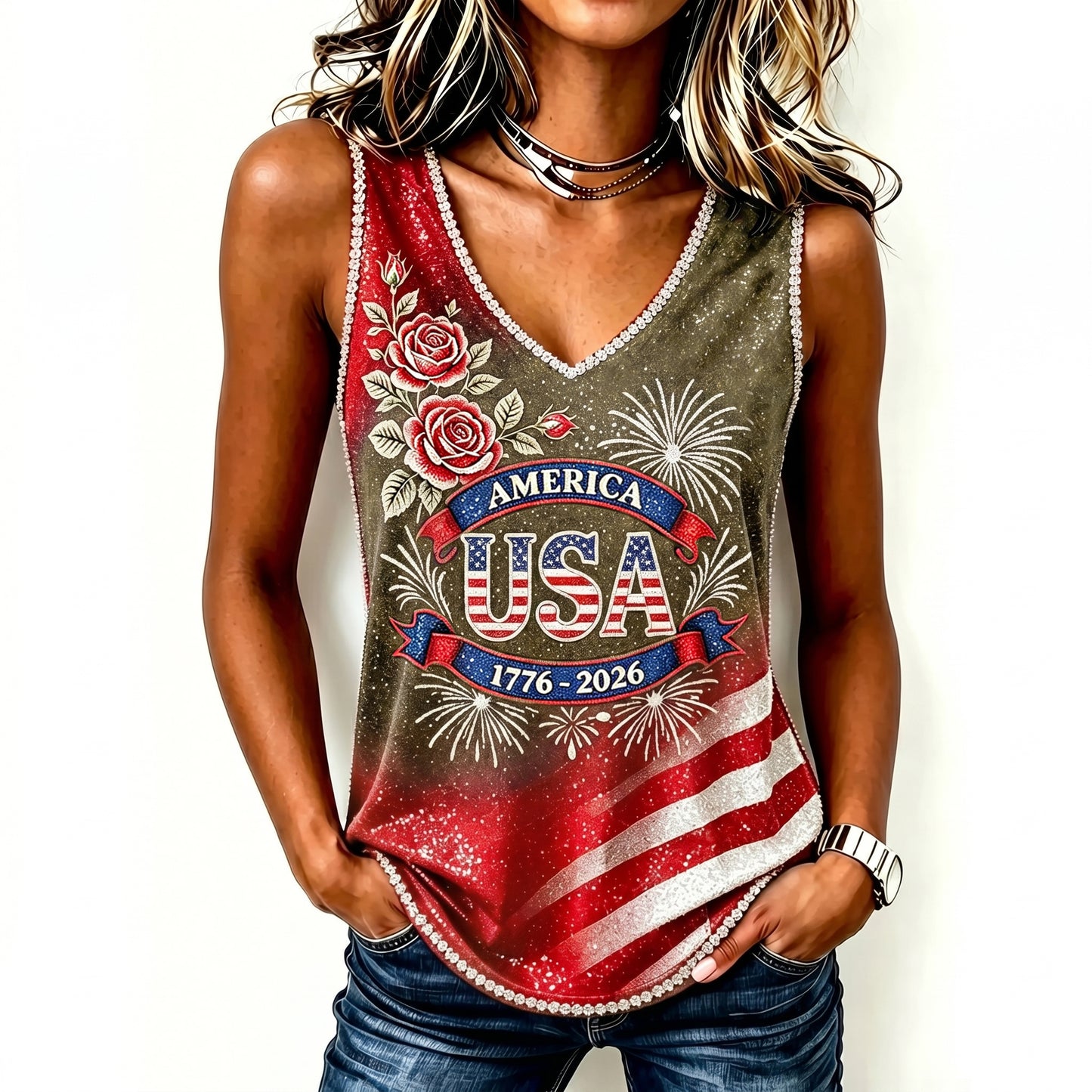 Cardydony Women's Vintage Anniversary Flag Flower Art Print V Neck Casual Tank Top