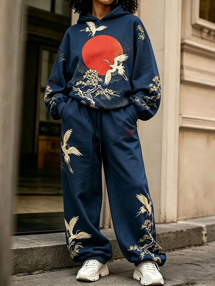 Cardydony Women's Vintage Japanese Crane Art Print Hoodie Two Piece Set
