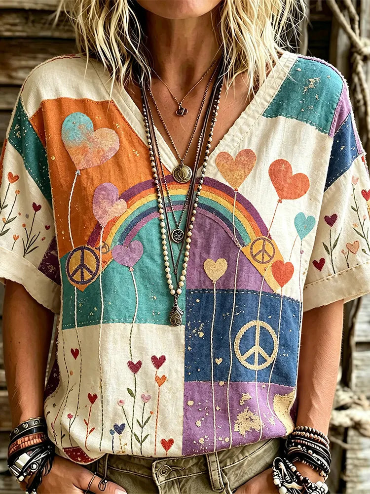 Cardydony Retro Distressed Hippie Balloon Heart Color-blocked Washed Patchwork Rainbow Peace Symbol Short-sleeved Top