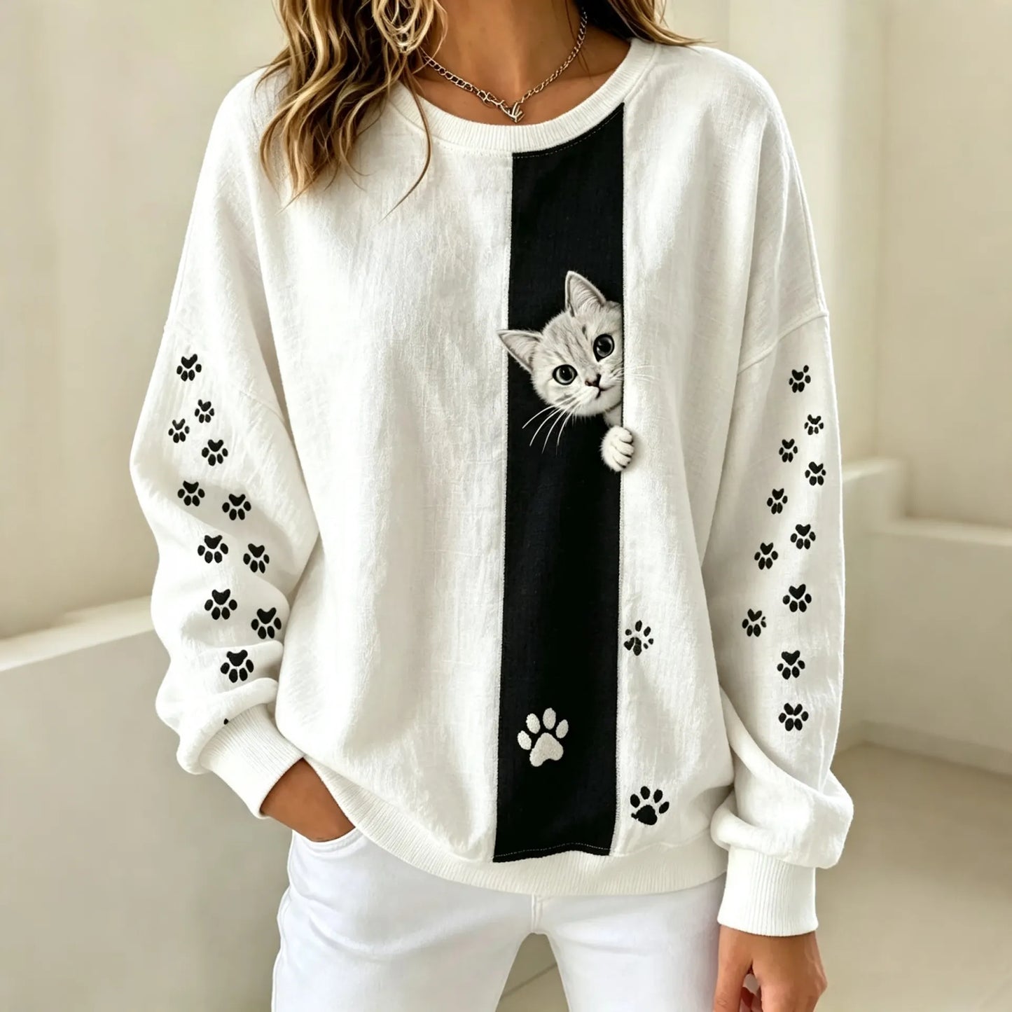 Cardydony Women's Cat Paw Print Casual Round Neck Long Sleeved Sweatshirt