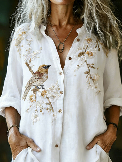 Cardydony Women's Vintage Floral And Bird Print Long-sleeve Shirt