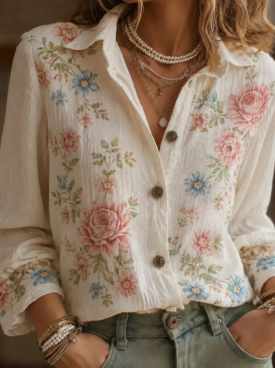 Cardydony Women's Retro Bohemian Floral Pattern Casual Linen Shirt