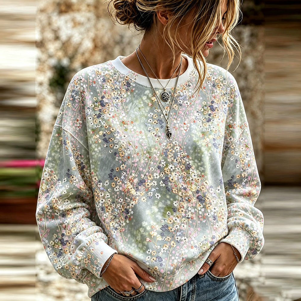 Cardydony Women's Vintage Fresh Small Floral Art Print Casual Long Sleeve Sweatshirt