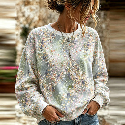 Cardydony Women's Vintage Fresh Small Floral Art Print Casual Long Sleeve Sweatshirt
