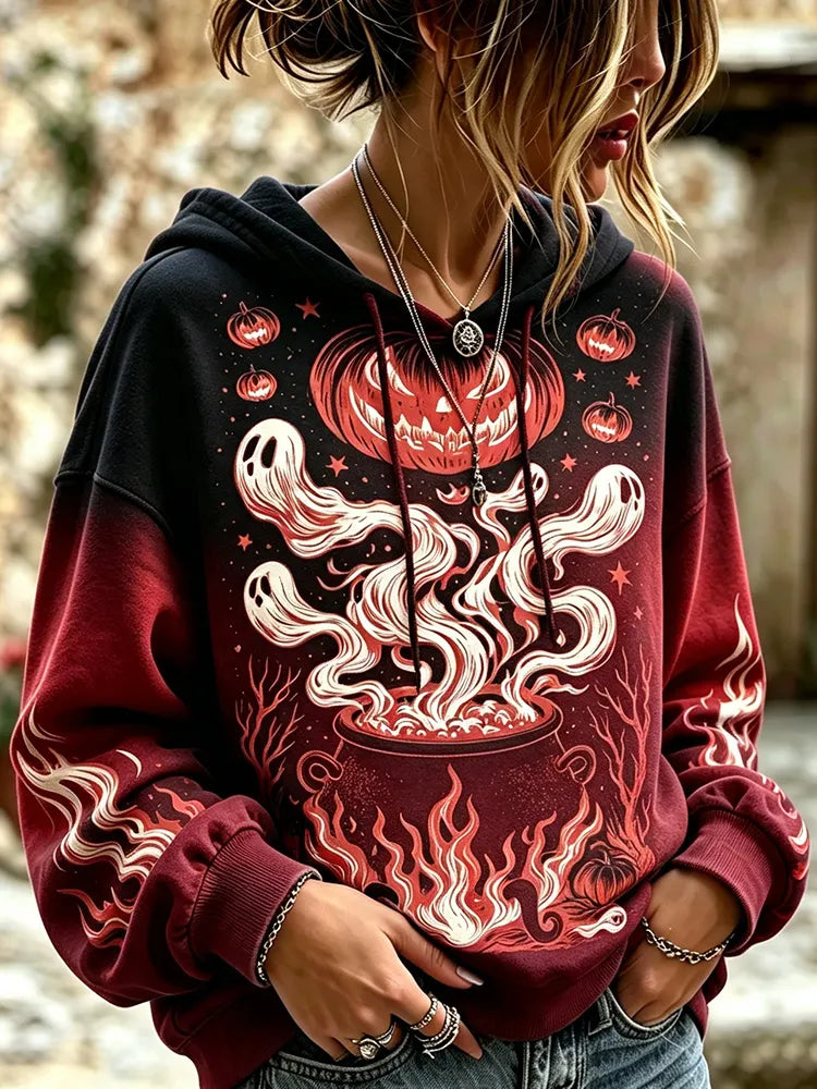 Cardydony Women's Halloween Graphic Hooded Sweatshirt - Spooky Ghost And Pumpkin Print Pullover Hoodie