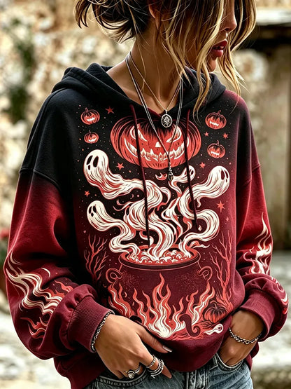 Cardydony Women's Halloween Graphic Hooded Sweatshirt - Spooky Ghost And Pumpkin Print Pullover Hoodie