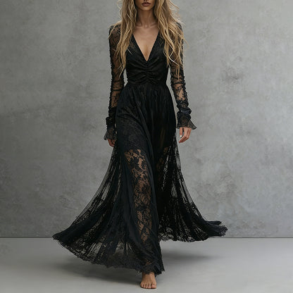 Cardydony Women's Delicate Lace Hook And Lace Up Sides Maxi Dress