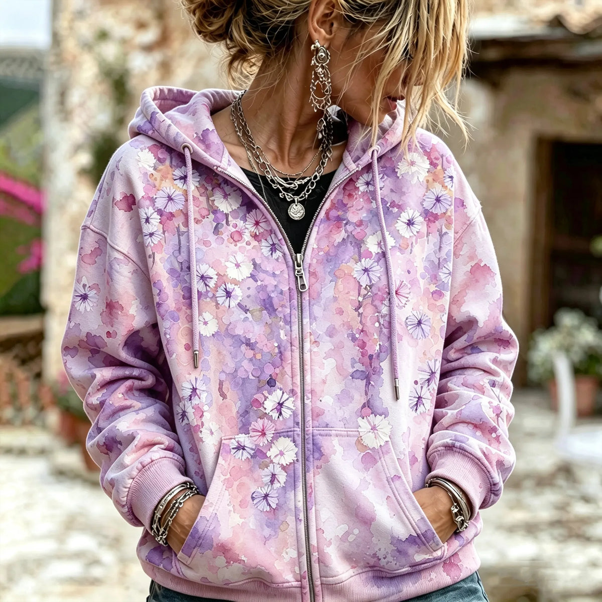 Cardydony Women's Boho Soft Watercolor Daisy Print Casual Loose Zip-up Hooded Sweatshirt