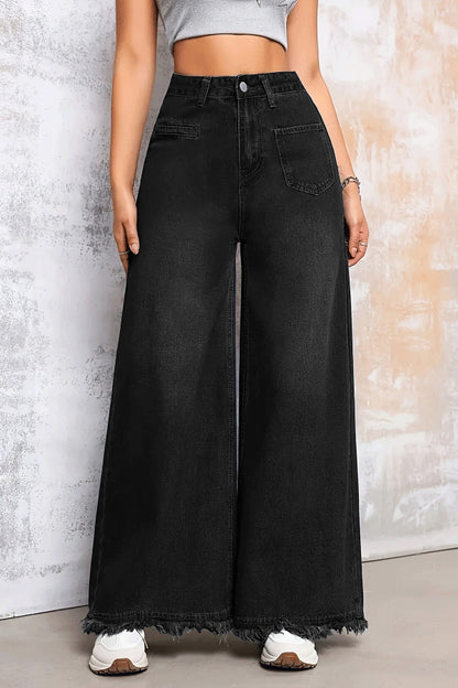 Cardydony Women's Stylish Loose-fitting Frayed Hem Casual Pocket Wide-leg Jeans