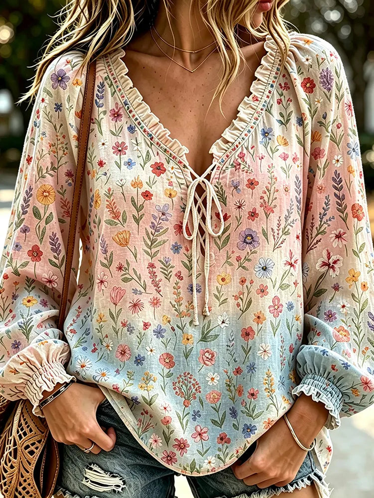 Cardydony Women's Bohemian Style Pastel Wildflower Print V-neck Tie-up Ruffle Shirt