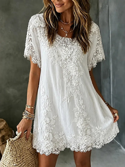 Cardydony Women's Vintage White Rose Floral Art Flowy Short Sleeve Midi Dress