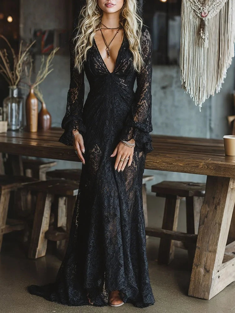Cardydony Women's Bohemian Lace V-neck Maxi Dress