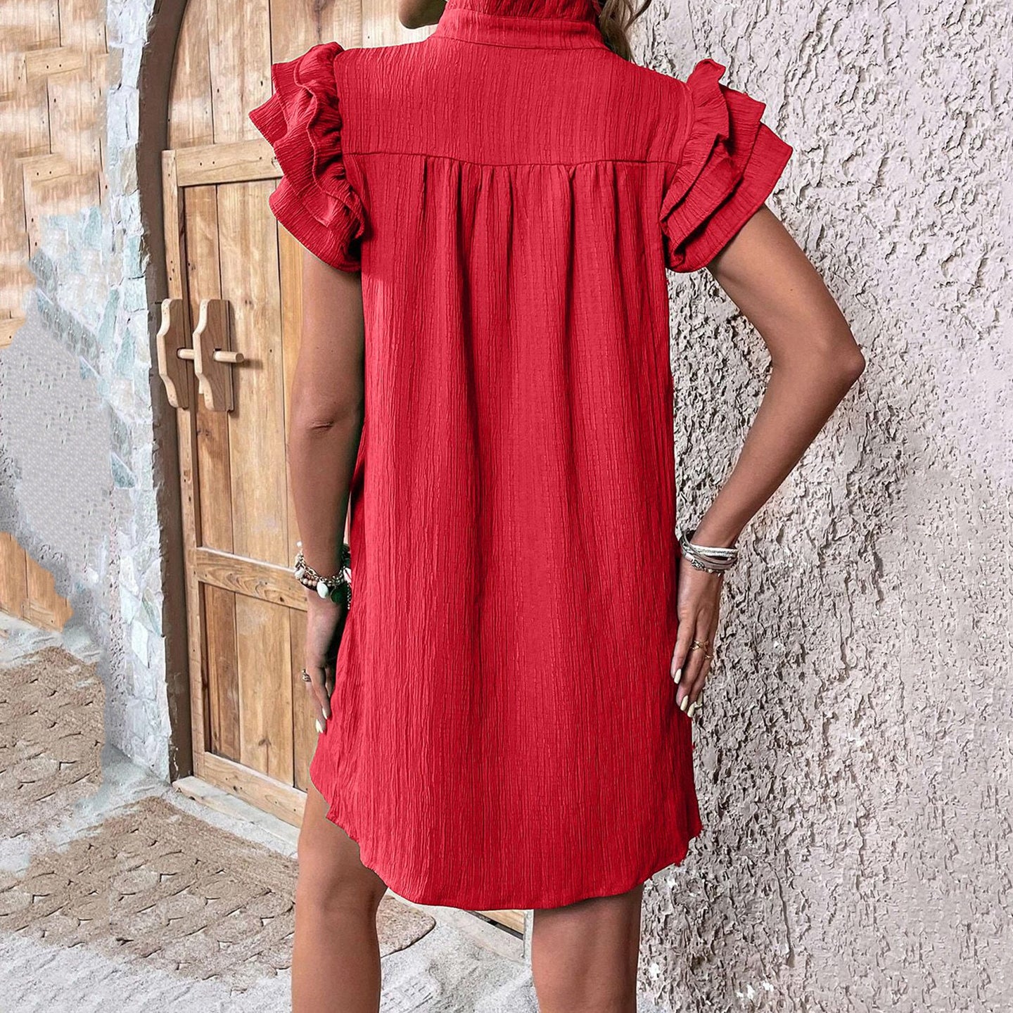 Cardydony Ruffled Notched Cap Sleeve Linen Dress