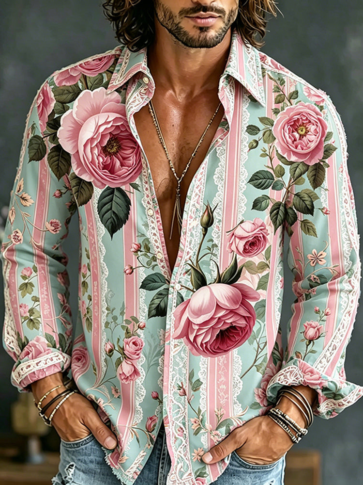 Cardydony Men's Floral Striped Lace Print Long-sleeved Shirt
