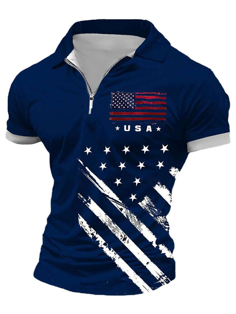 Cardydony Men's Retro American Flag Veterans Print Zipper Up Polo Shirt