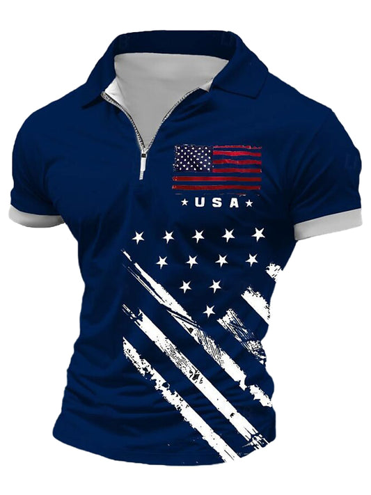 Cardydony Men's Retro American Flag Veterans Print Zipper Up Polo Shirt