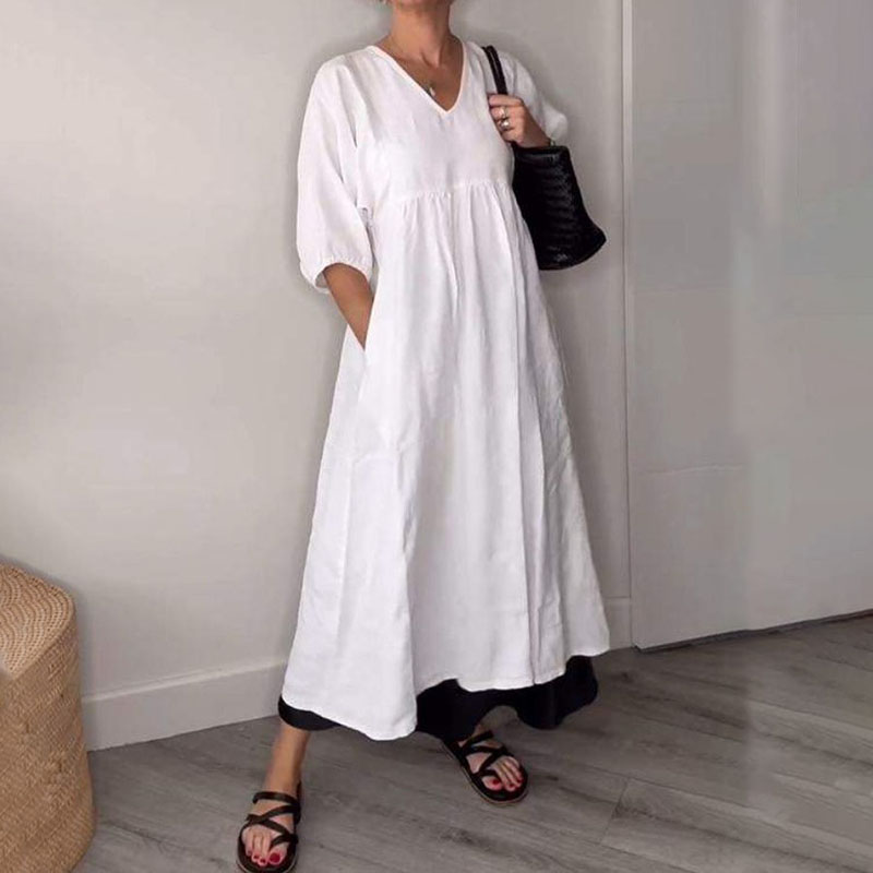 Cardydony Casual Cotton Linen Deep V-neck Pleated Solid Color Pocket Dress