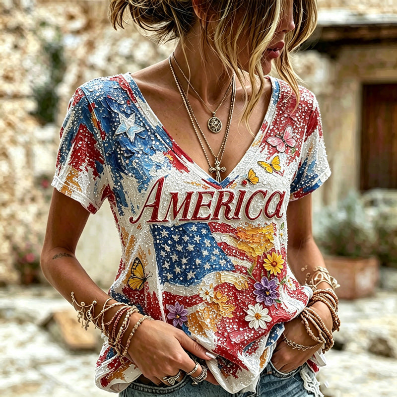 Cardydony Women's Vintage American Flag, Floral, And Butterfly Print Sequined V-neck Short-sleeved Top