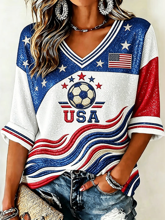 Cardydony Women's Soccer American Flag Color-blocked T-shirt
