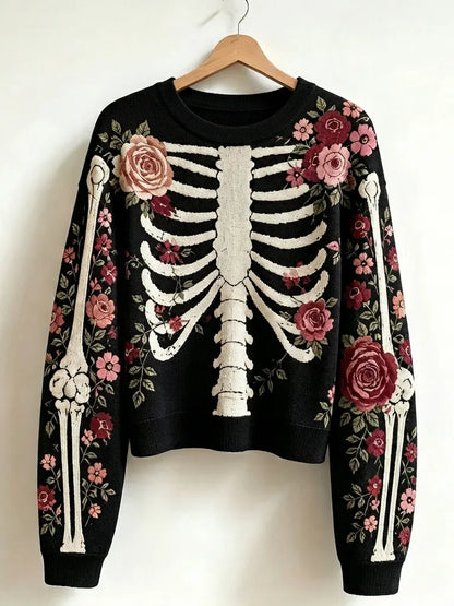 Cardydony Comstylish Women's Vintage Skeleton And Rose Art Cozy Sweater