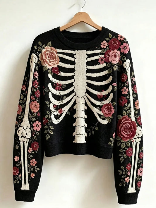 Cardydony Comstylish Women's Vintage Skeleton And Rose Art Cozy Sweater