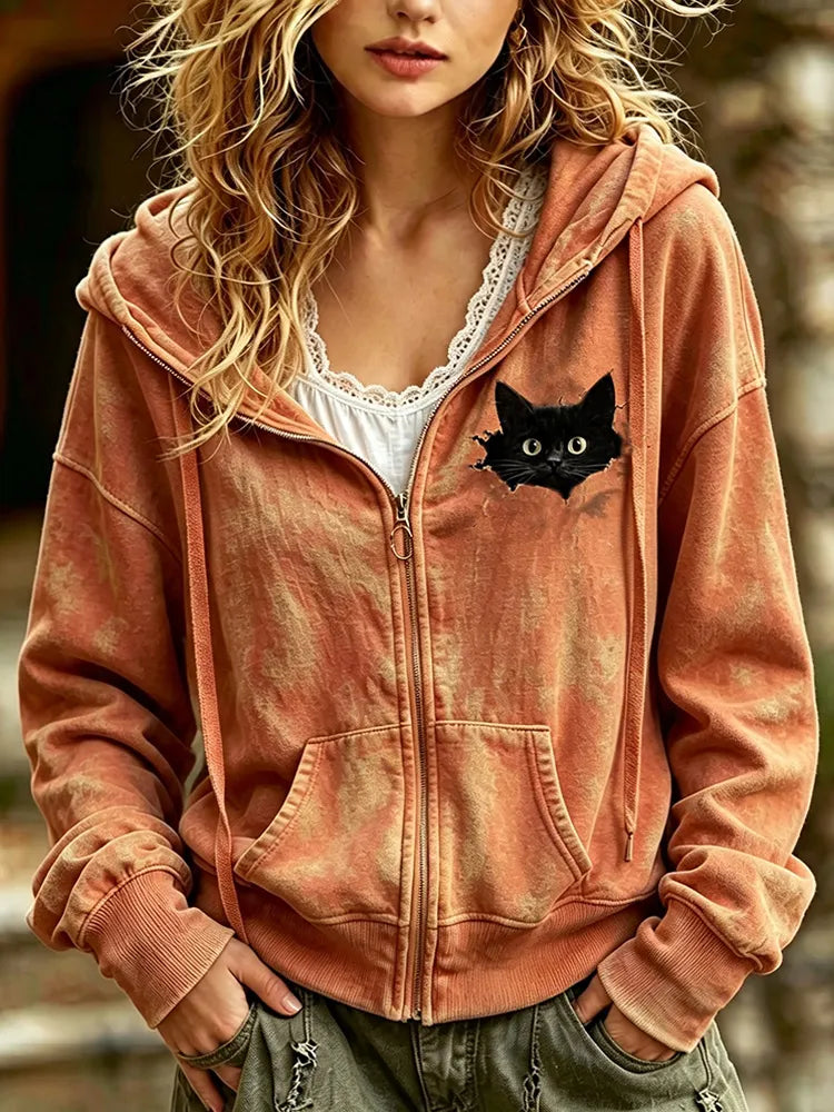 Cardydony Women's Fun Black Cat And Small Hole Print Zipper Hoodie
