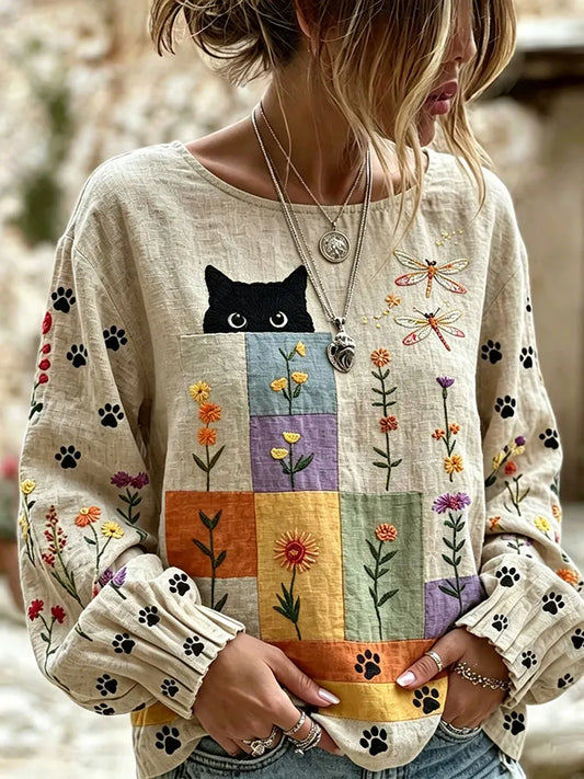 Cardydony Women's Vintage Hippie Cute Cat In Patchwork Art Embroidered Linen Blend Round Neck Long Sleeve Tshirt