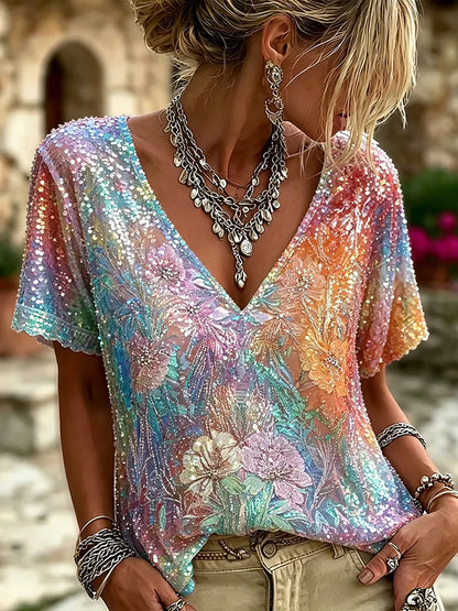 Cardydony Iridescent Rainbow Sequin Floral Embroidery Mesh V-neck Blouse For Women, Sparkly Multicolor Rhinestone Short Sleeve Bohemian Party Vacation Top