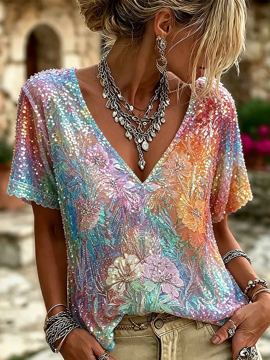 Cardydony Iridescent Rainbow Sequin Floral Embroidery Mesh V-neck Blouse For Women, Sparkly Multicolor Rhinestone Short Sleeve Bohemian Party Vacation Top