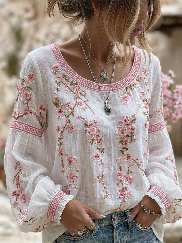 Cardydony Women's Japanese Flower Art Crew Neck Linen Blend T-shirt