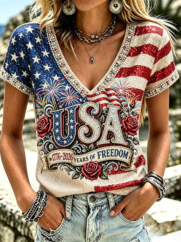 Cardydony Women's Vintage Independence Day Anniversary Art Print Short Sleeve Top