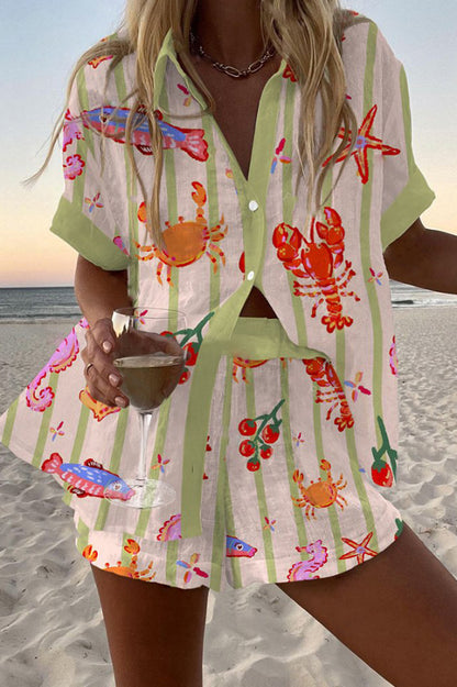 Cardydony Women's Lobster and Crab Print Loose Button Elastic Waist Shorts Set