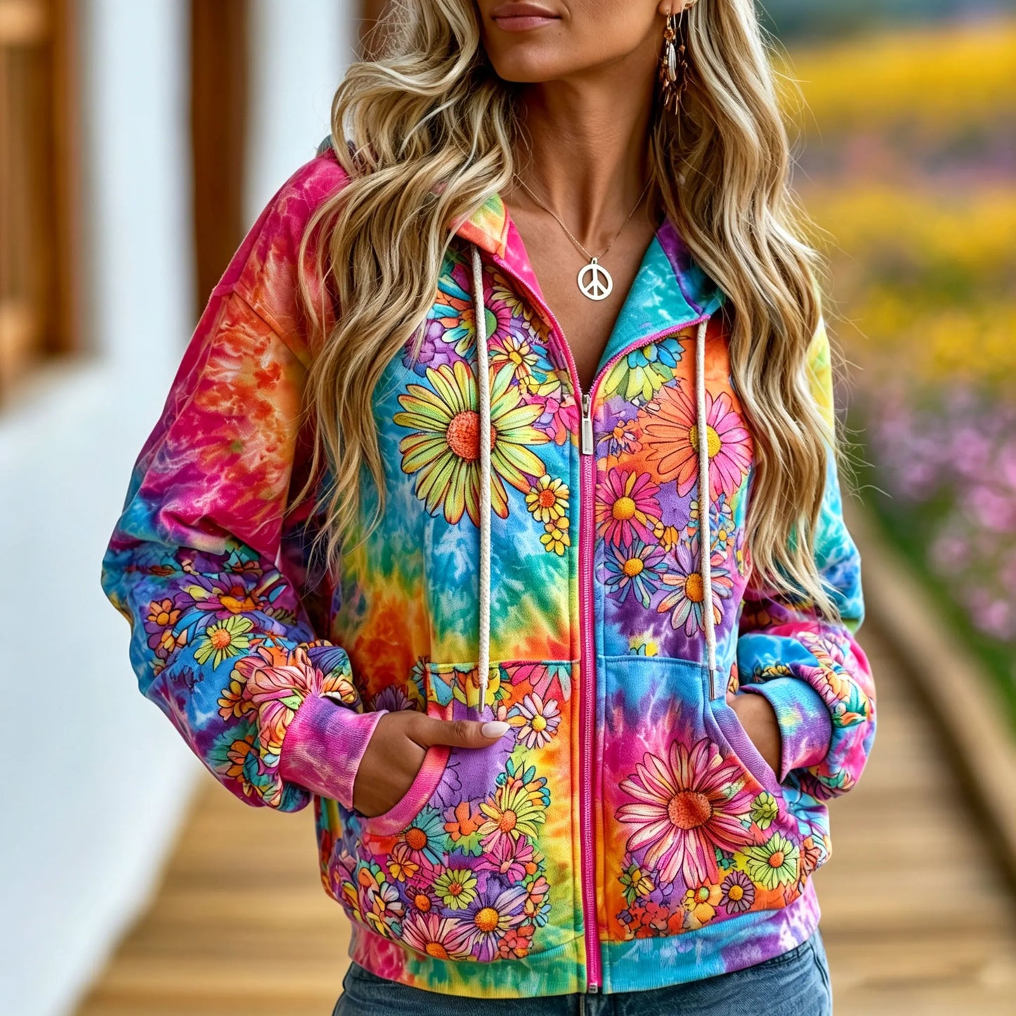 Cardydony Women's Retro Hippie Tie Dye Floral Print Long Sleeve Zip Up Hoodie