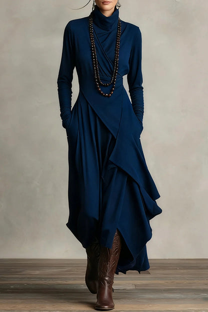 Cardydony Women's Solid Color High-neck Long-sleeved Irregular Casual Maxi Dress