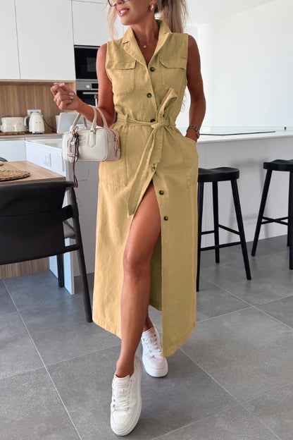 Cardydony Women's Solid Color Sleeveless Single Breasted Waist Tie Casual Pocket Denim Midi Dress