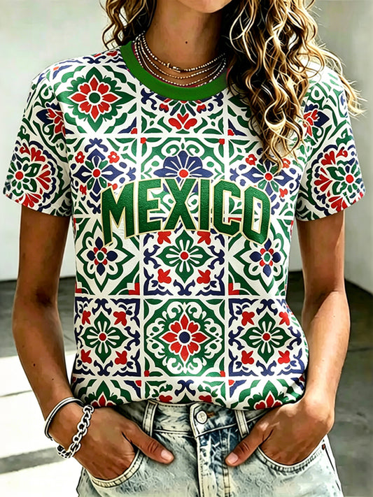 Cardydony Women's Mexican Tile Art Print Casual T-shirt