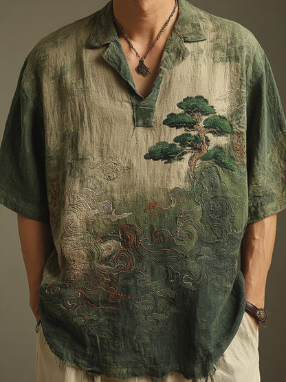 Cardydony Men's Retro Landscape Embroidery Casual Lapel Short Sleeve Shirt
