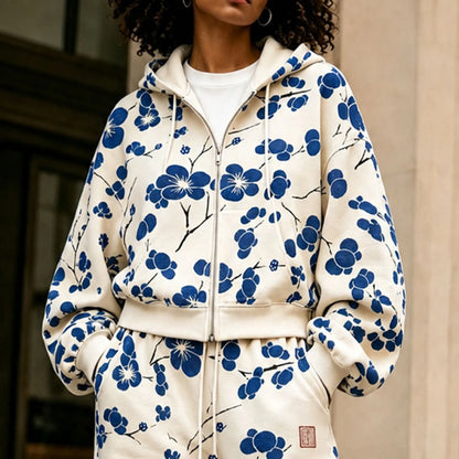 Cardydony Women's Japanese Floral Art Print Zip Up Hoodie Two Piece Set