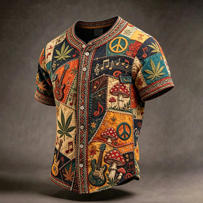 Cardydony Men's Color-blocked Retro Ethnic Print Short-sleeved Cotton And Linen Shirt