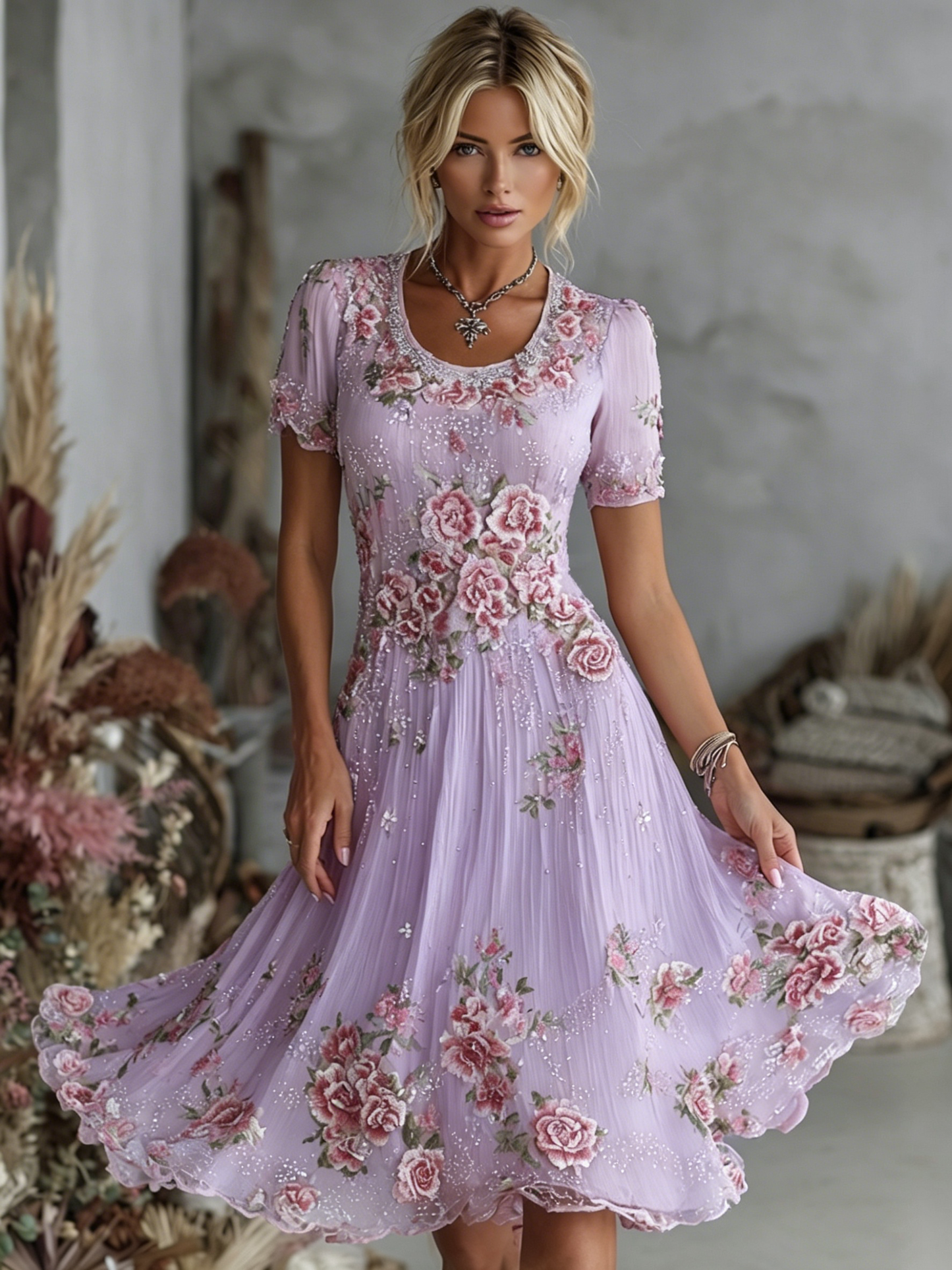 Cardydony Women's Vintage Floral Art Pattern Crew Neck Short Sleeve Linen Maxi Dress