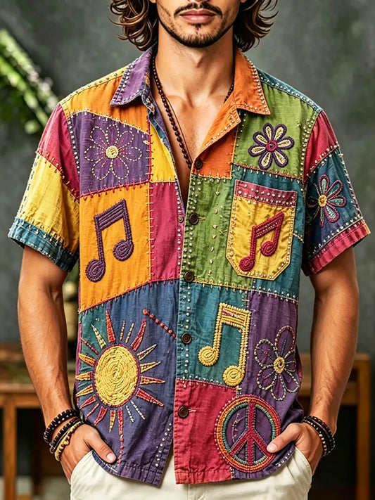 Cardydony Men's Patchwork Floral Musical Design Short-sleeved Linen Shirt